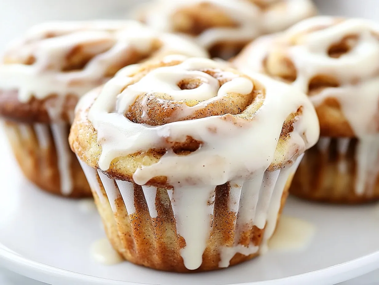 Delicious Cinnamon Roll Muffins piled high with cream cheese glaze