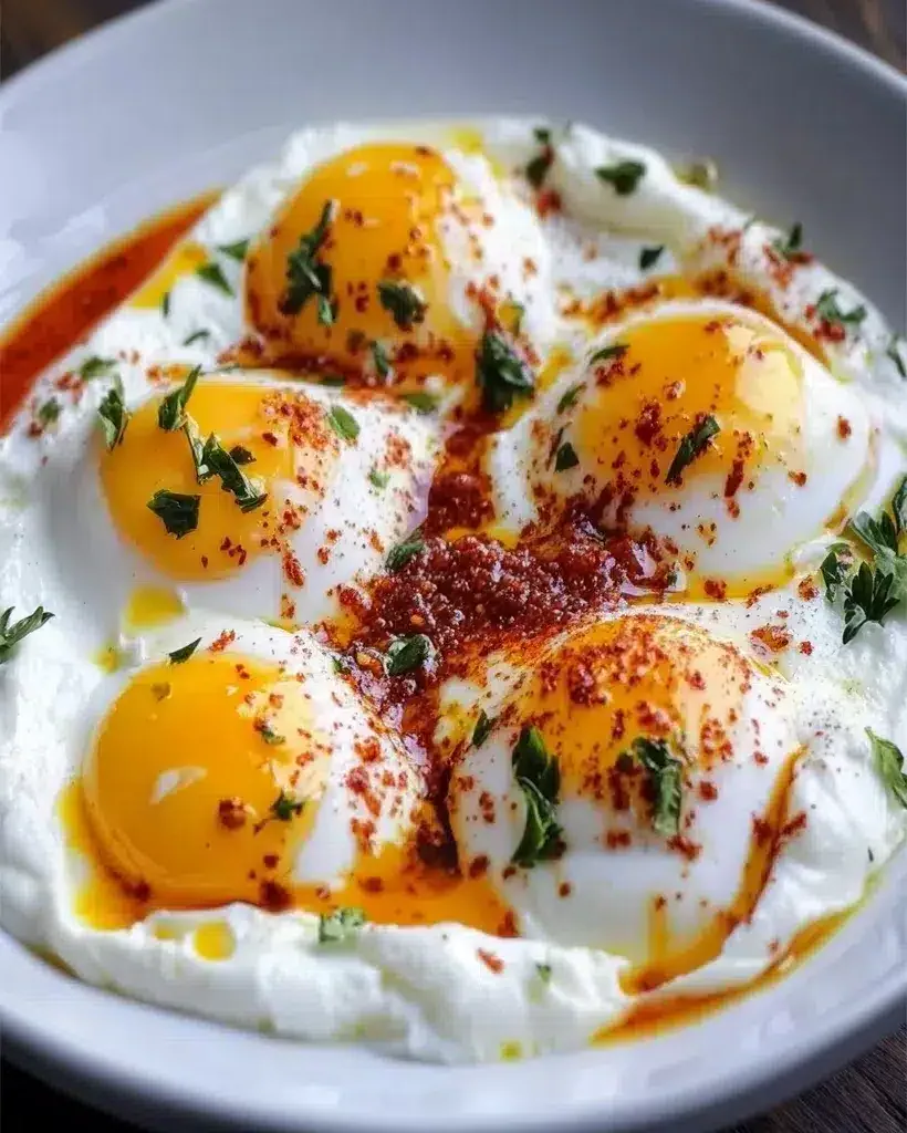 Close-up shot of Turkish Eggs (Cilbir) with a drizzle of spiced butter and fresh herbs.
