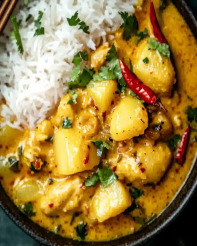 A bowl of Thai Yellow Chicken Curry with potatoes, garnished with cilantro and chili.