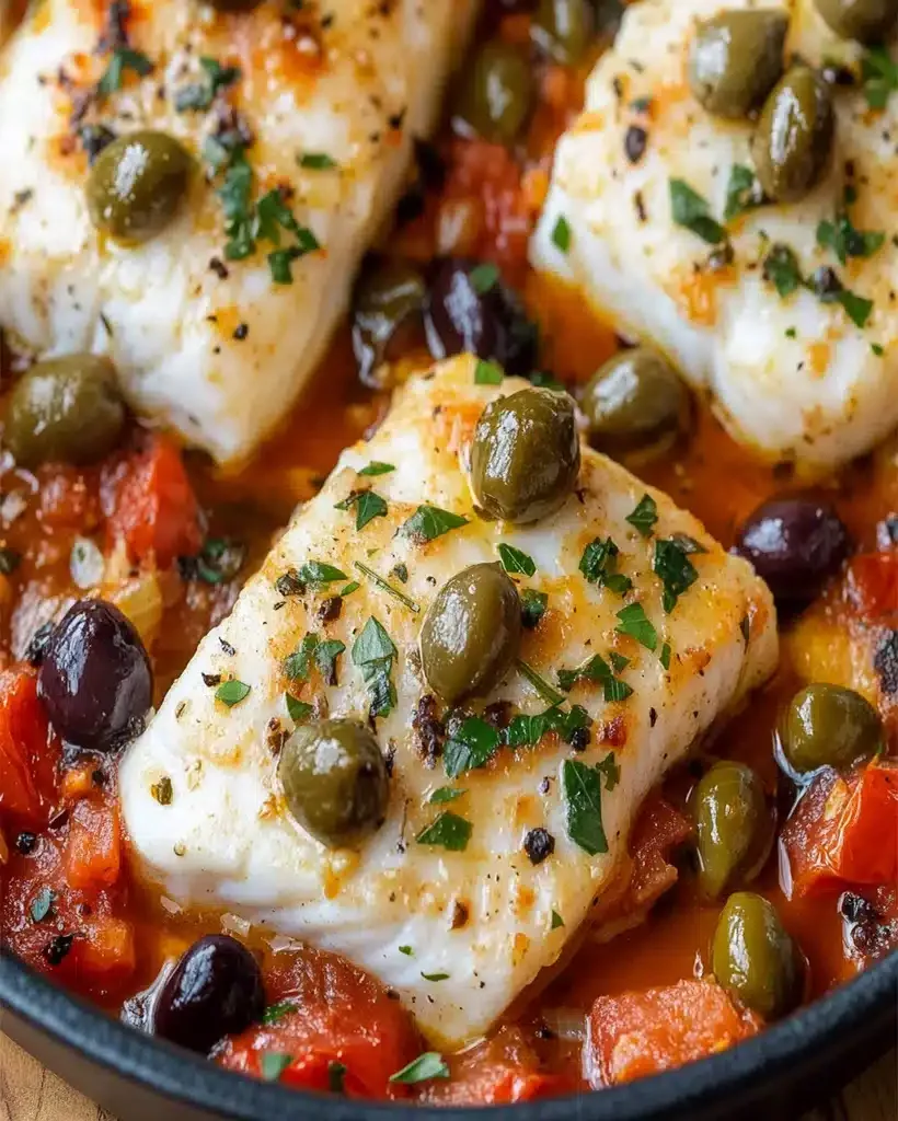 A beautiful, ready-to-serve dish of Bacalhau à Provençal in a rustic pan, showcasing flaky cod, vibrant tomatoes, olives, and capers.
