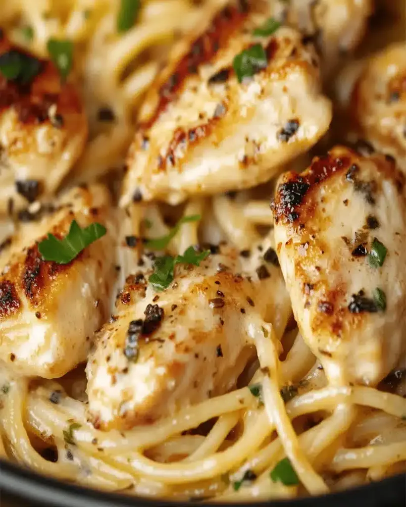 A comforting bowl of chicken spaghetti casserole topped with melted cheese.