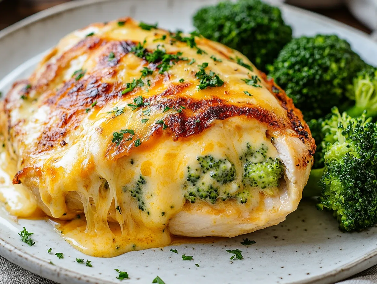 Broccoli cheese stuffed chicken breast on a baking sheet