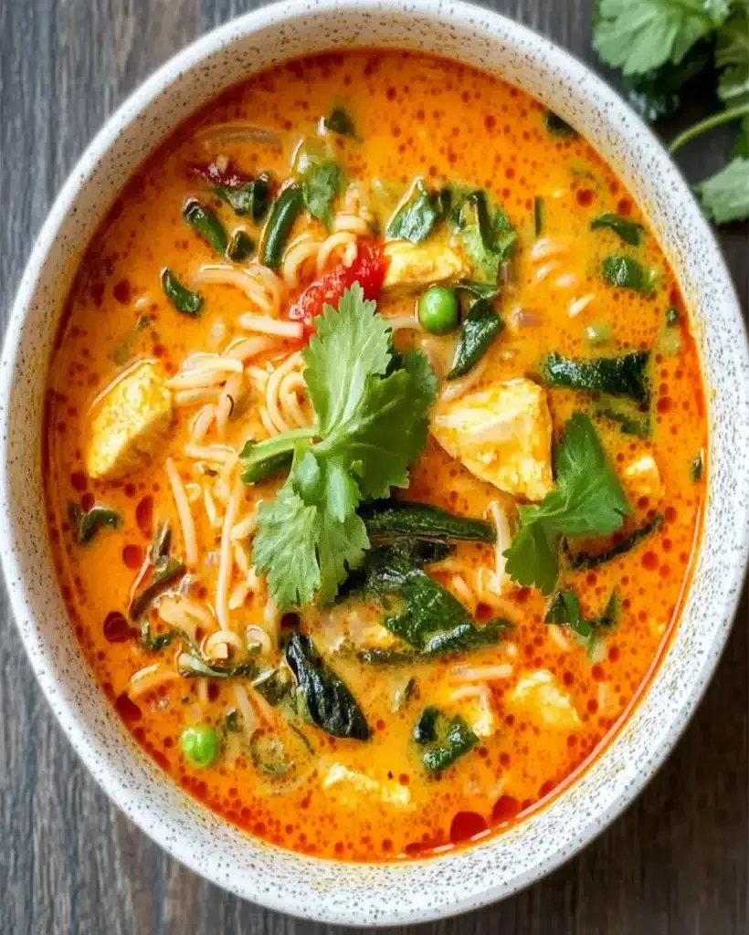 A steaming bowl of Thai Red Curry Soup garnished with fresh herbs and lime wedges.