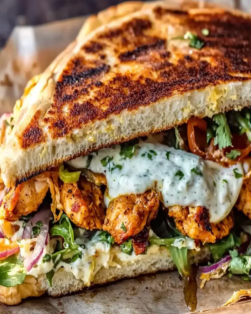 Sheet Pan Chicken Shawarma Havarti Sandwich with fresh toppings.