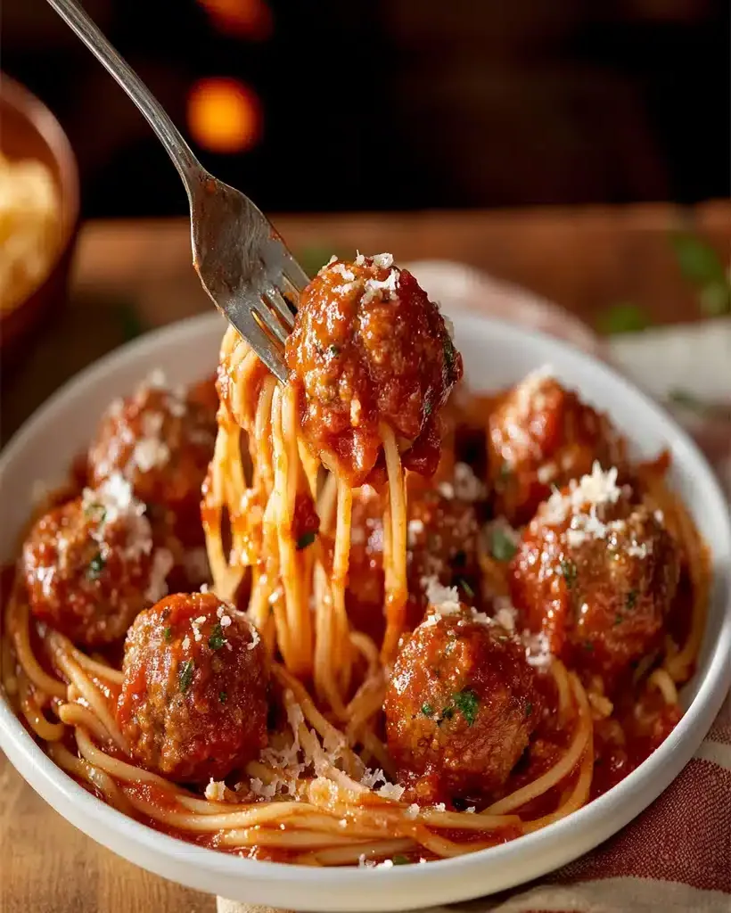 A plate of Sbarro-style meatballs with spaghetti and marinara sauce.