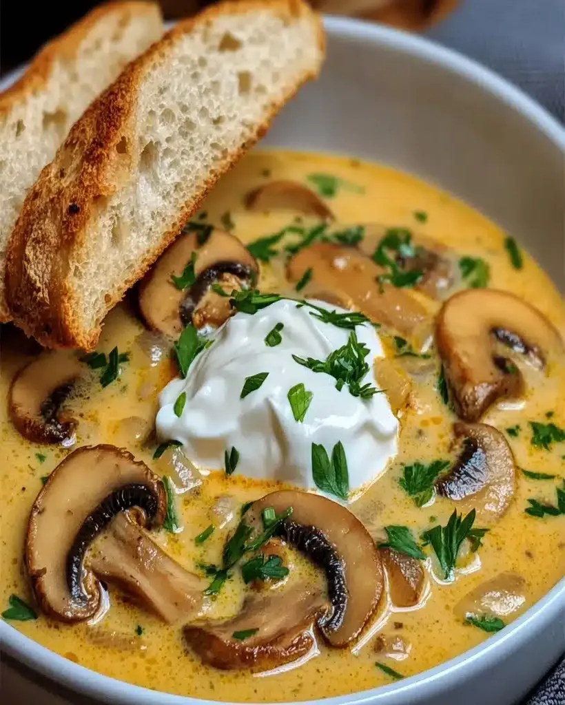 Delicious Hungarian Mushroom Soup in a bowl, garnished with dill and a swirl of cream.