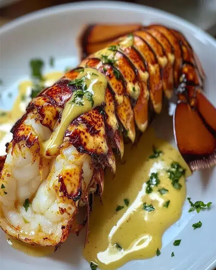 Juicy broiled lobster tails with melted butter and herbs.