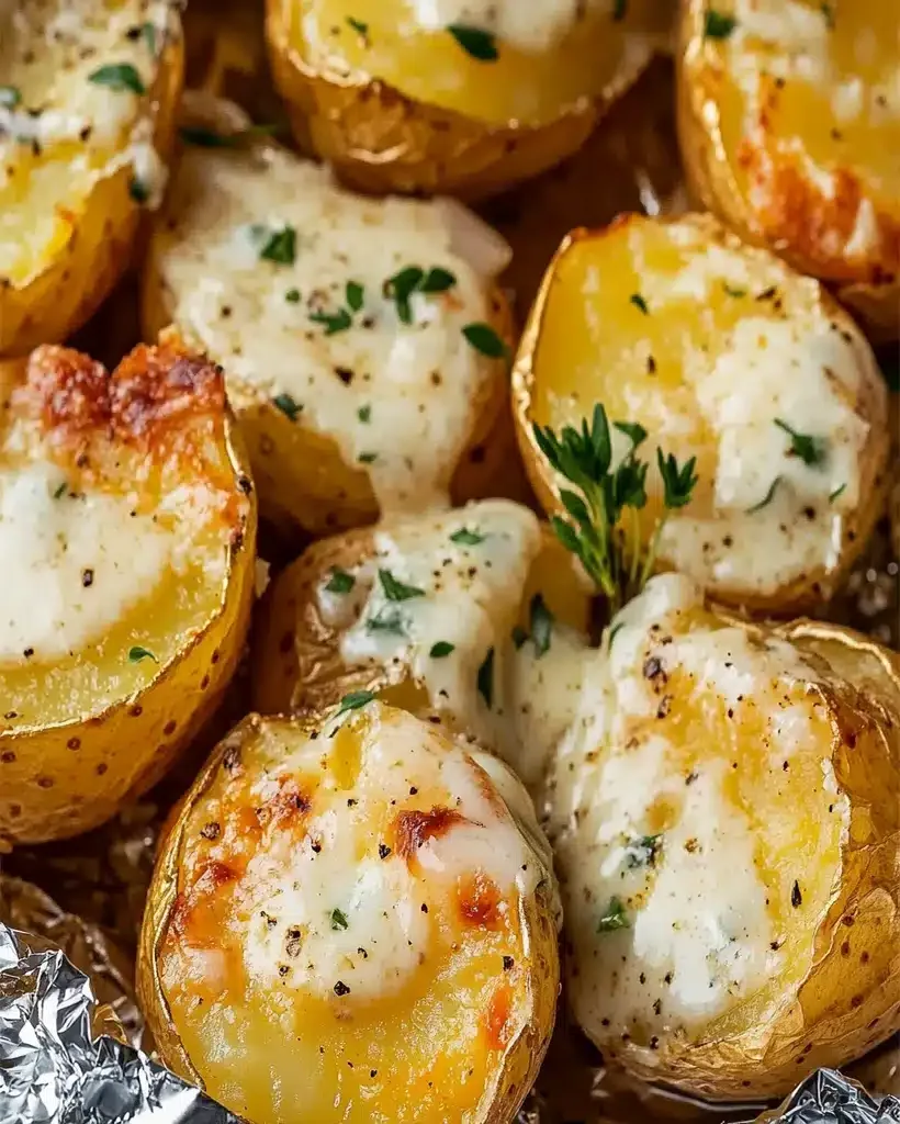 Delicious baked potatoes in foil packets, ready to be served with a creamy sauce.