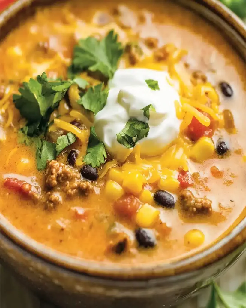 Steaming bowl of creamy taco soup with toppings