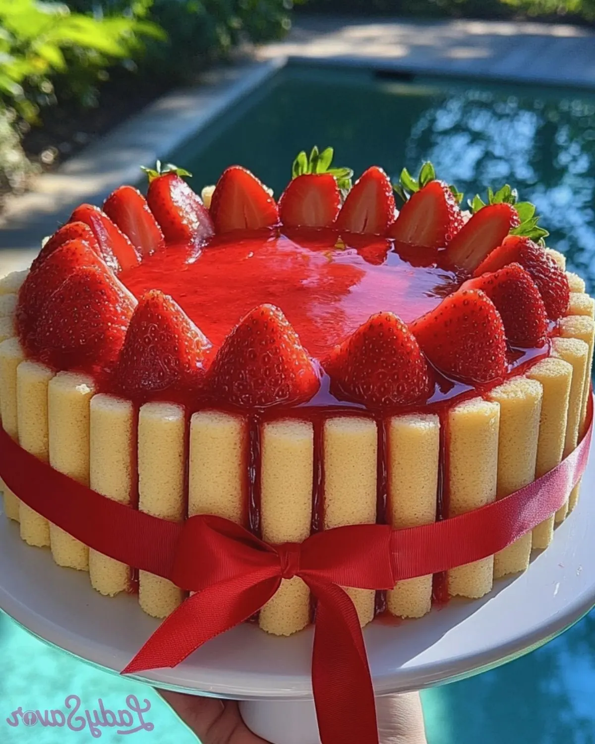A beautifully presented Strawberry Charlotte Russe with layers of cream and strawberries within a ladyfinger casing.