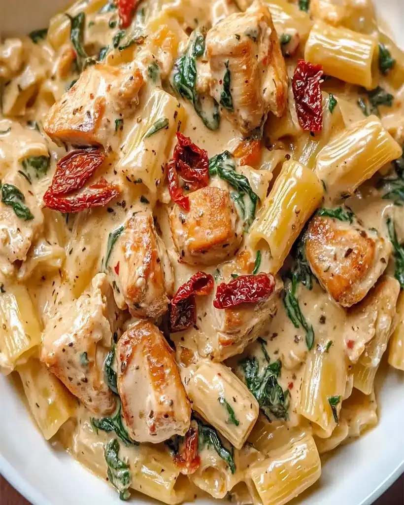 Tuscan Chicken Pasta with spinach and sun-dried tomatoes