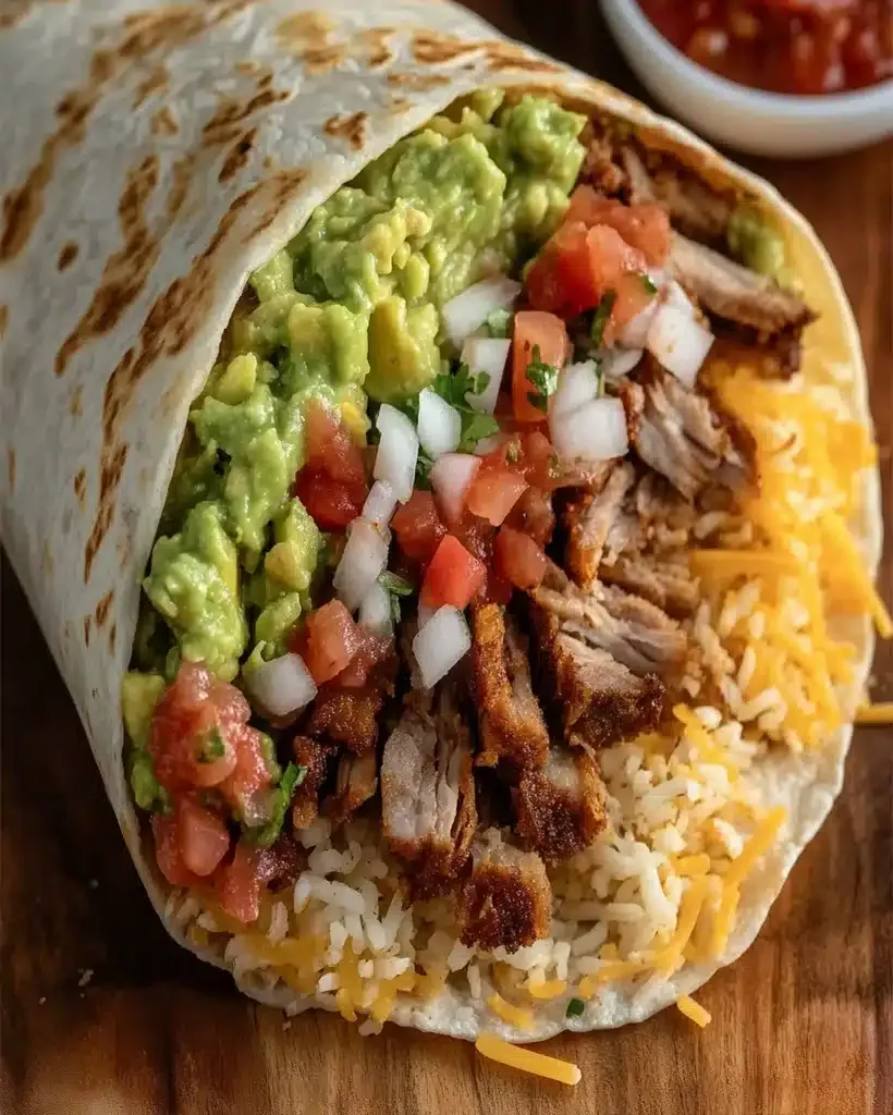 Deliciously assembled carnitas burrito sliced in half to show the colorful fillings.