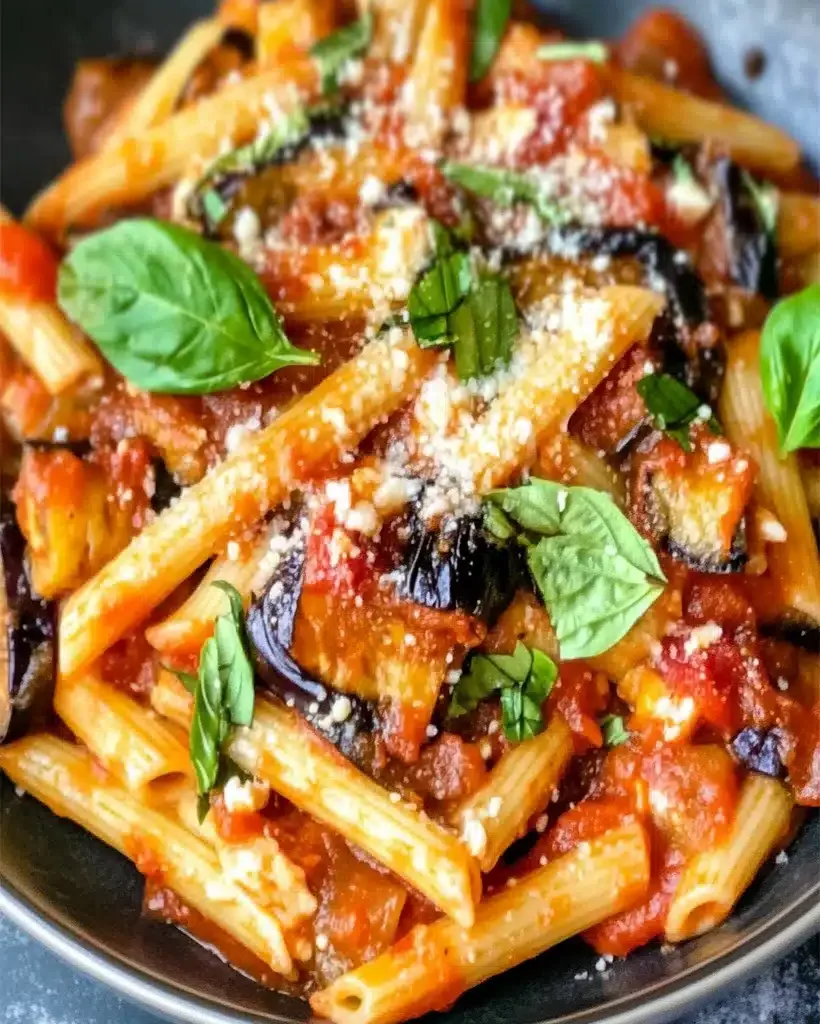 A delicious and vibrant plate of Pasta alla Norma, showcasing tender eggplant, rich tomato sauce, and fresh basil.