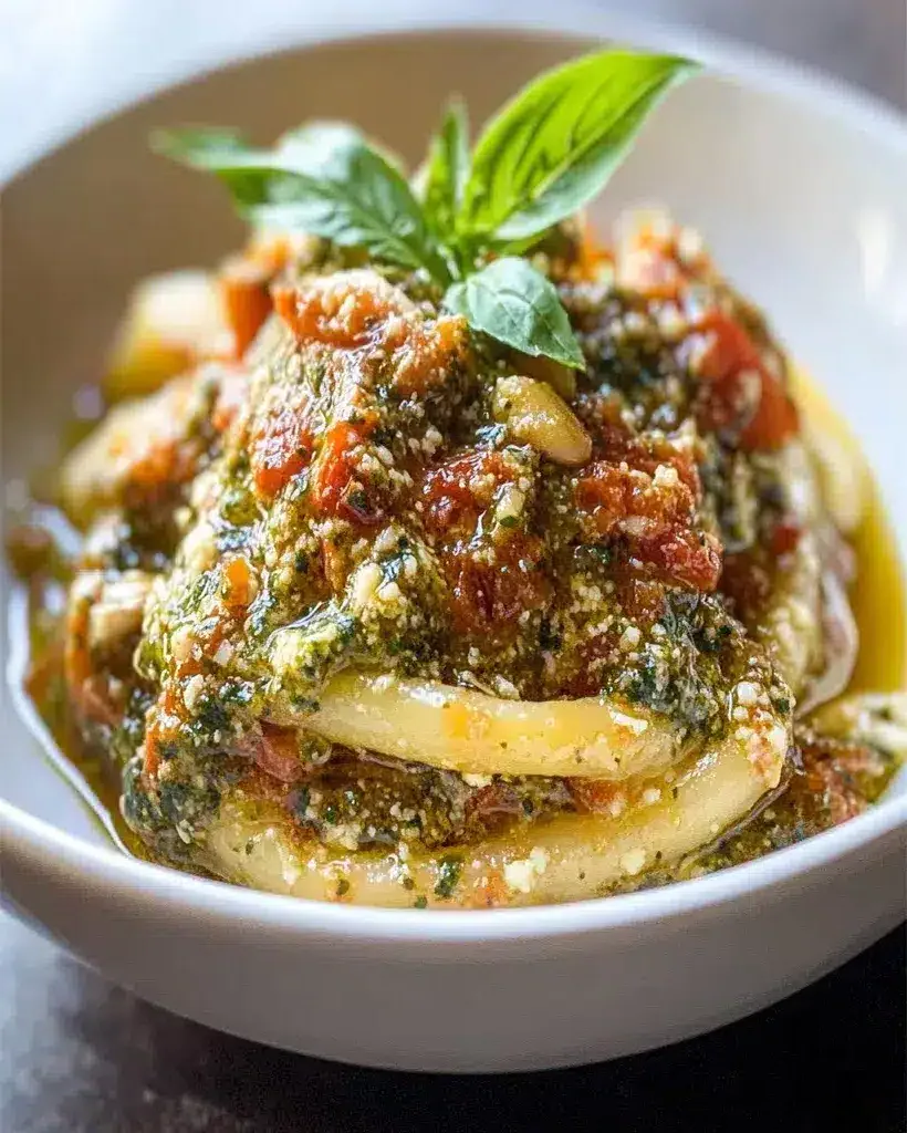 A vibrant bowl of fresh Pesto alla Trapanese with basil, tomatoes, and almonds.