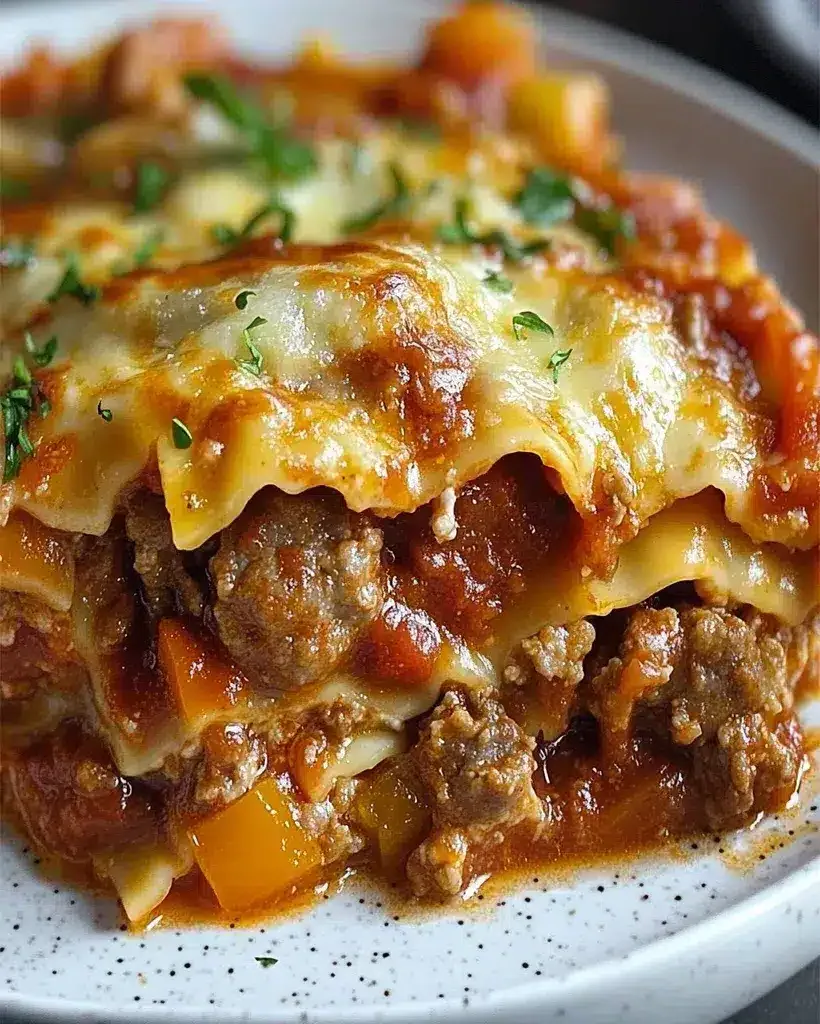 Slow Cooker Sausage and Peppers Ravioli Lasagna in a slow cooker dish
