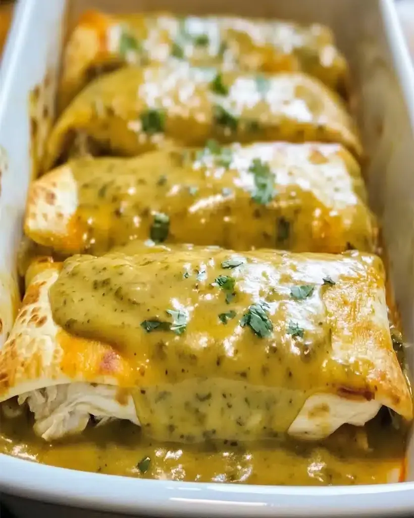 Delicious Green Chile Chicken Smothered Burritos, garnished with cilantro and sour cream