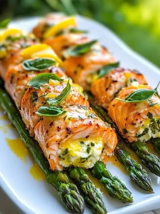 Lemon Basil Salmon Rolls on a plate, garnished with basil and lemon slices