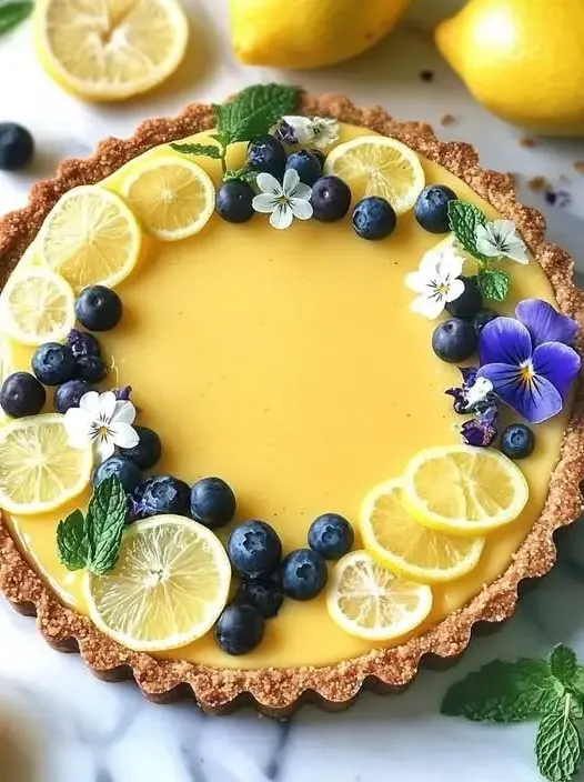 A slice of no-bake lemon tart on a white plate, garnished with whipped cream and berries.