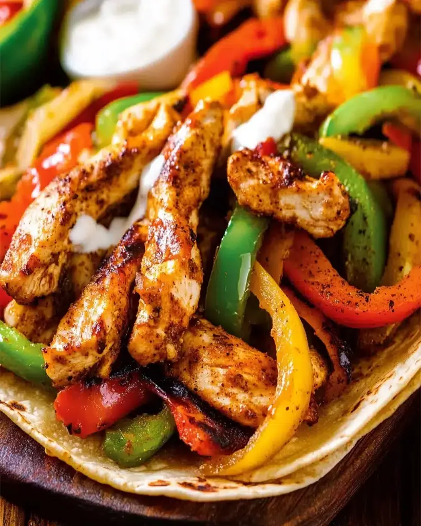 Close-up of sizzling chicken fajitas with peppers and onions in a cast-iron skillet.
