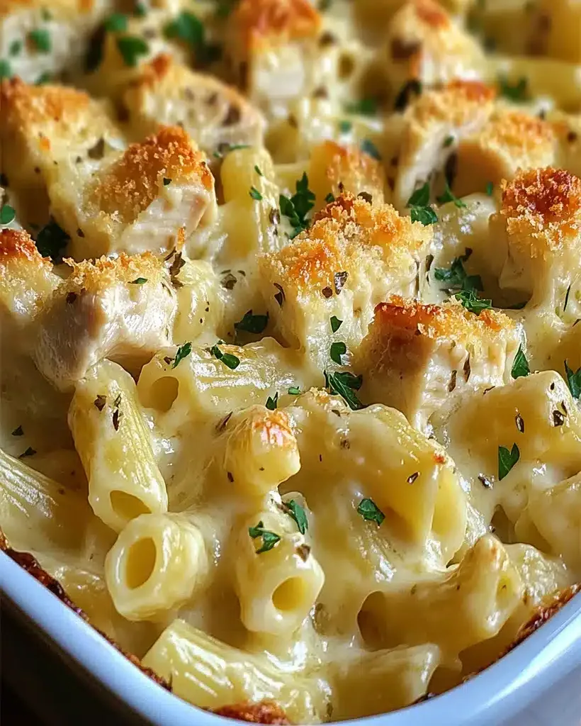 Creamy Garlic Parmesan Chicken Pasta Bake in a baking dish, golden brown and bubbly