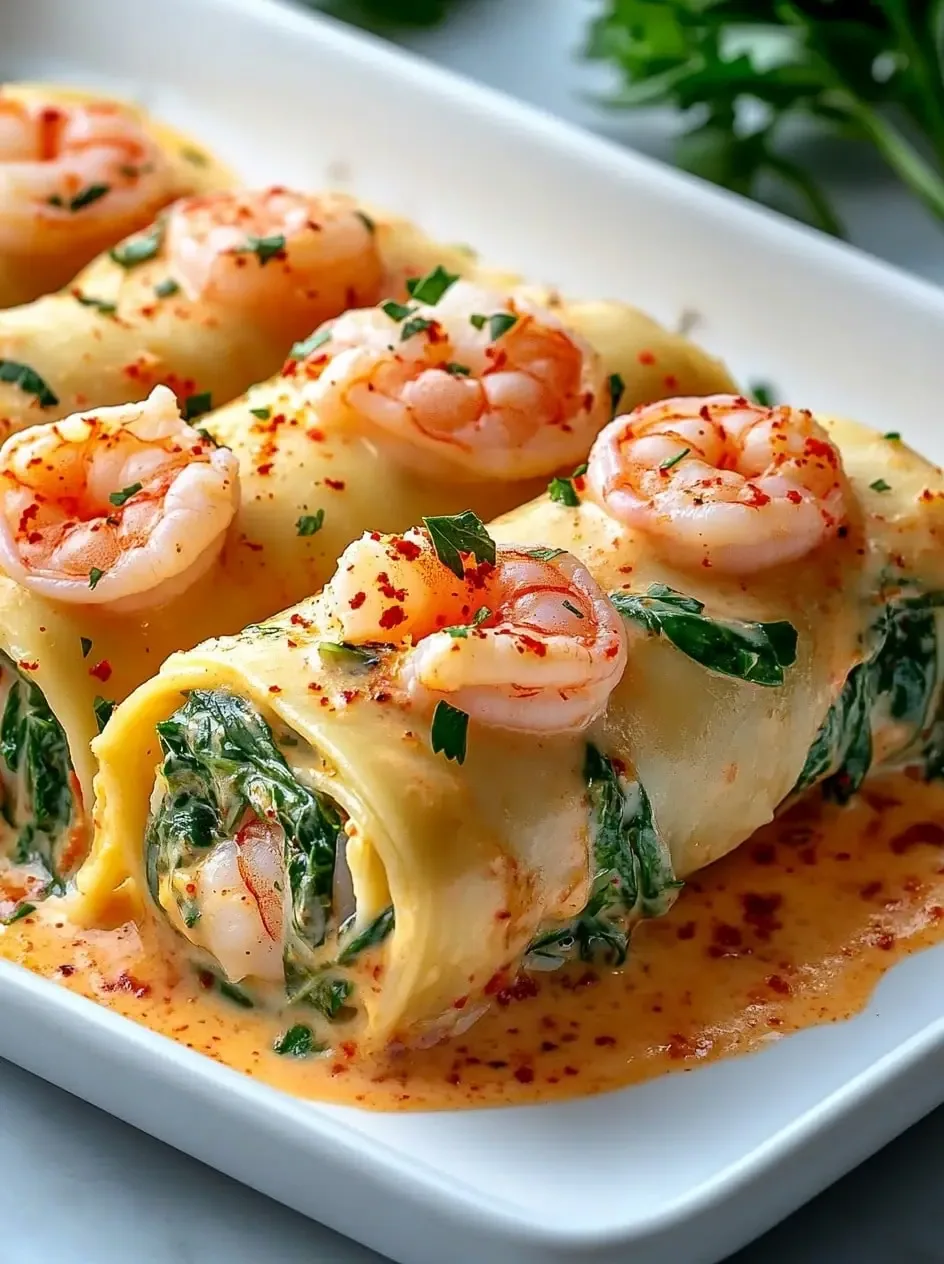 Shrimp and Spinach Stuffed Pasta Rolls with Roasted Red Pepper Cream