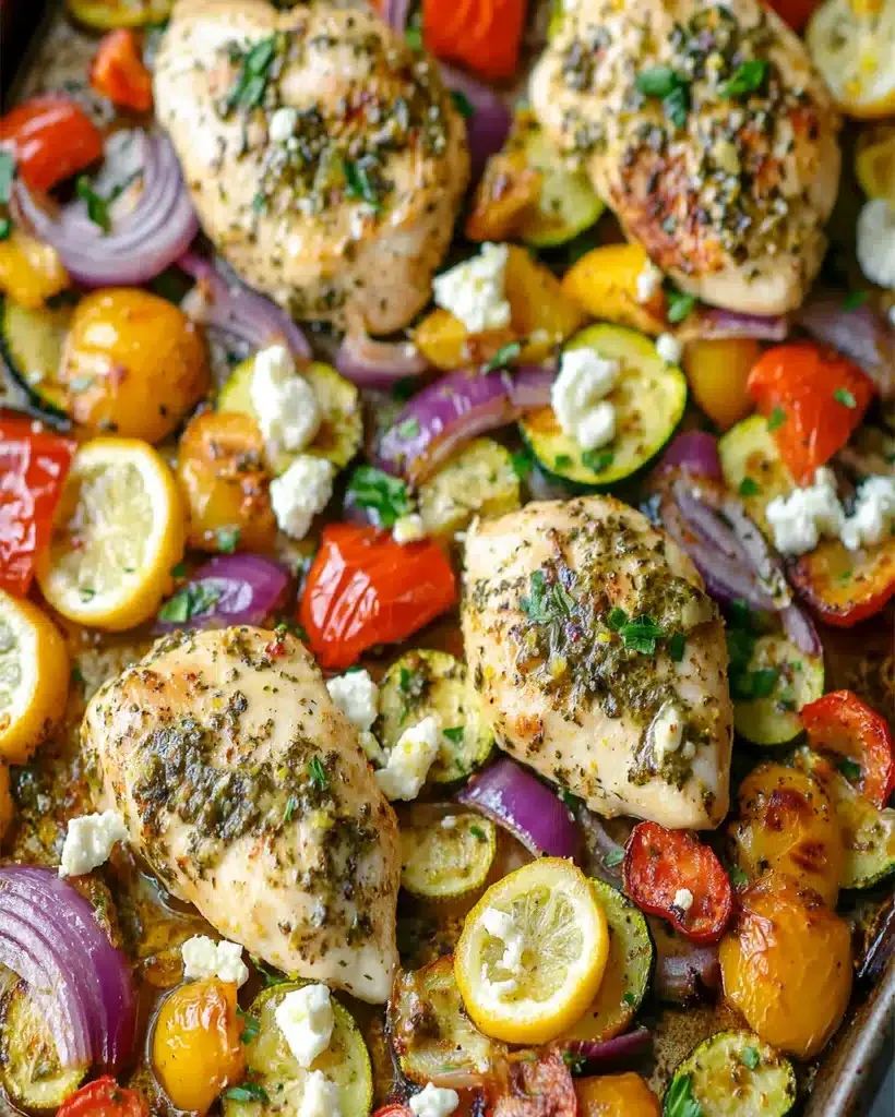 Herby Feta Lemon Chicken Sheet Pan Dinner with roasted vegetables and lemon wedges