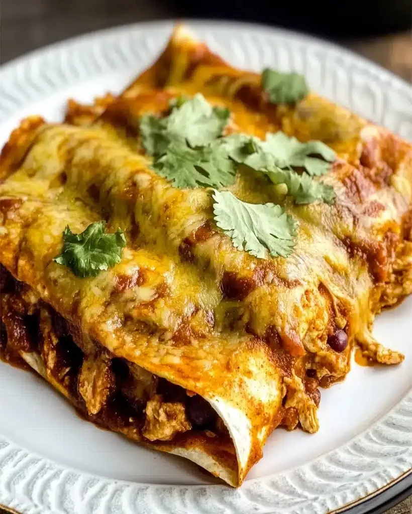 Golden brown chicken enchiladas topped with cheese and sauce.