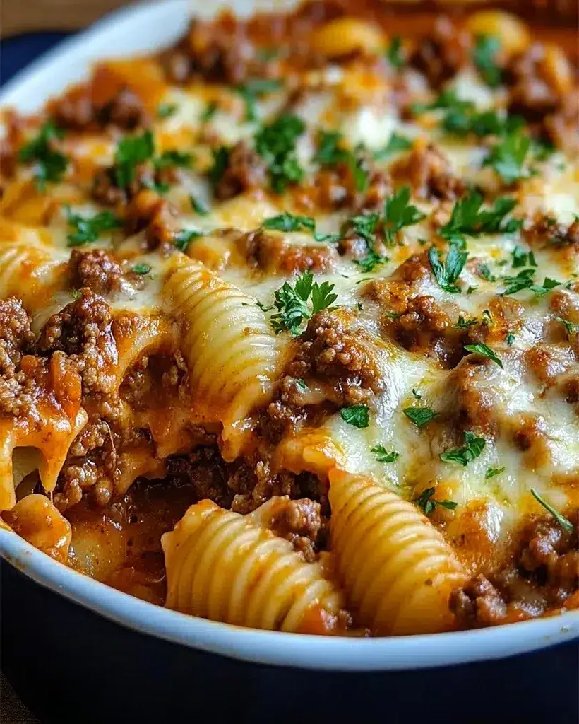 A delicious-looking Beef Lombardi casserole with melted cheese on top