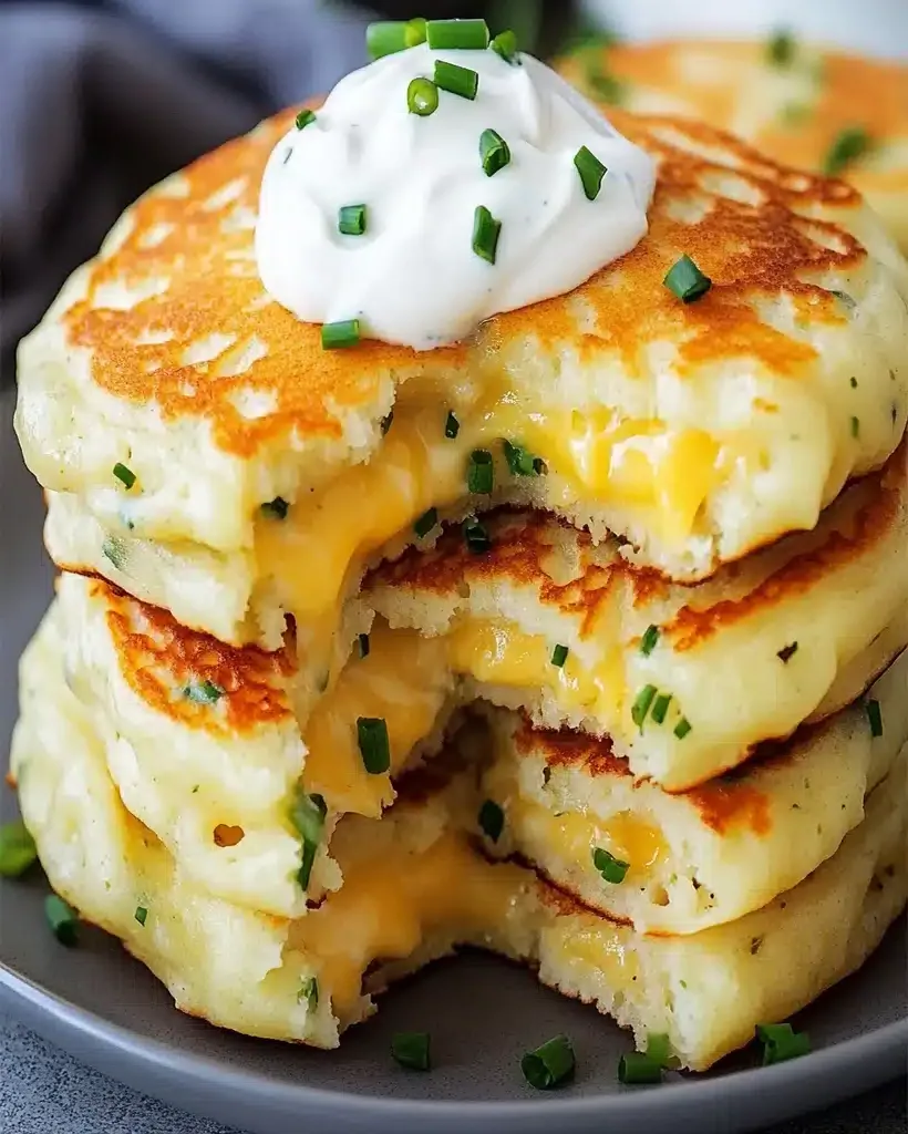 A stack of golden-brown cheese and chive pancakes on a plate, garnished with fresh chives.