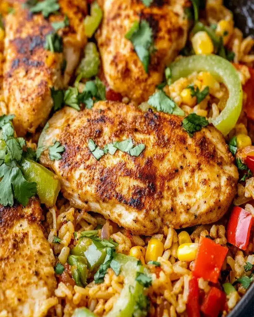 Chicken and Rice Taco Skillet in a skillet with toppings