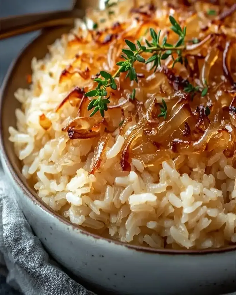 Caramelized onions bubbling in a pan, ready to be transformed into French Onion Rice.
