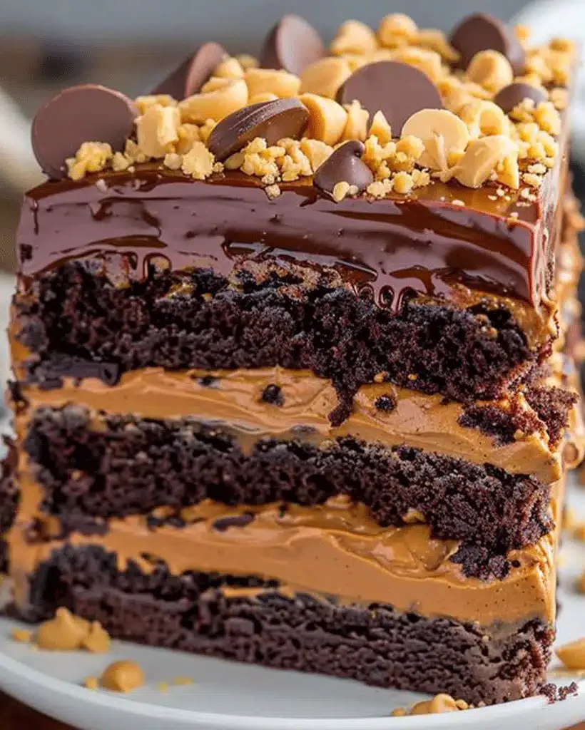 Heavenly Chocolate Peanut Butter Ooey Gooey Cake slice showing rich layers