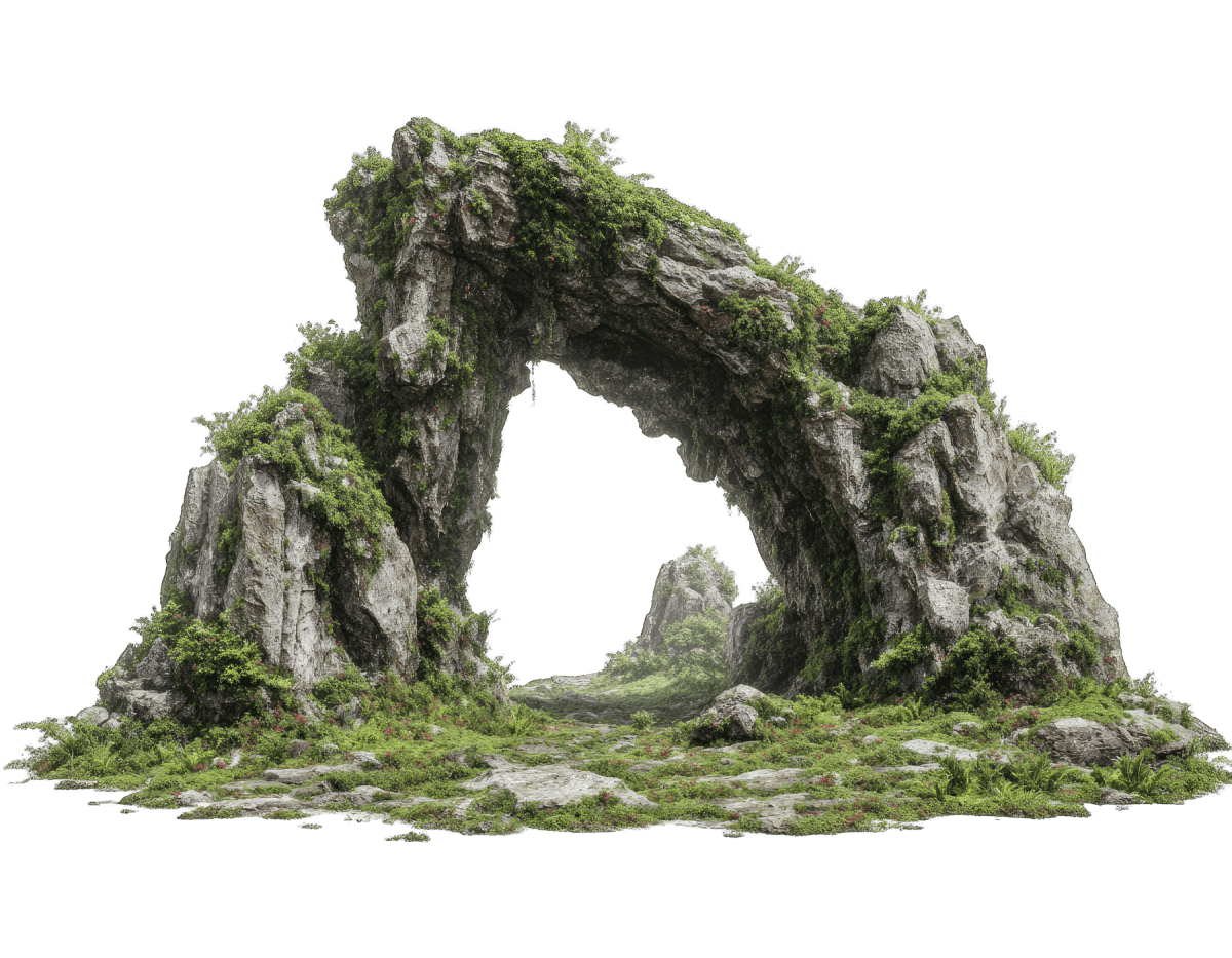 Moss-covered stone archway aquascape