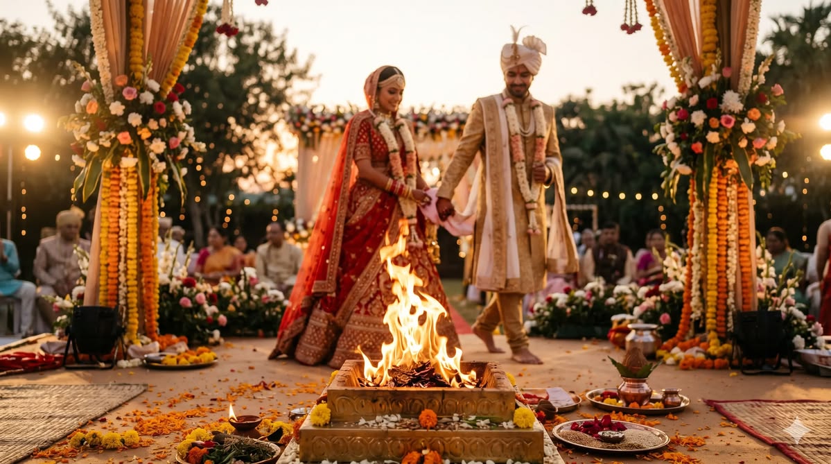 Grand Indian wedding mandap with floral decor