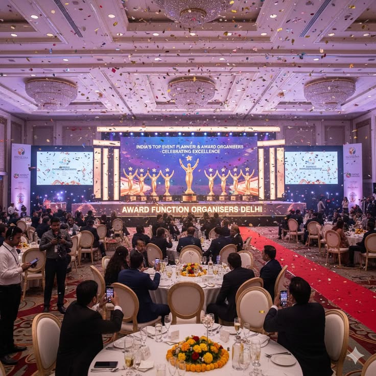 Premium corporate event stage with professional lighting
