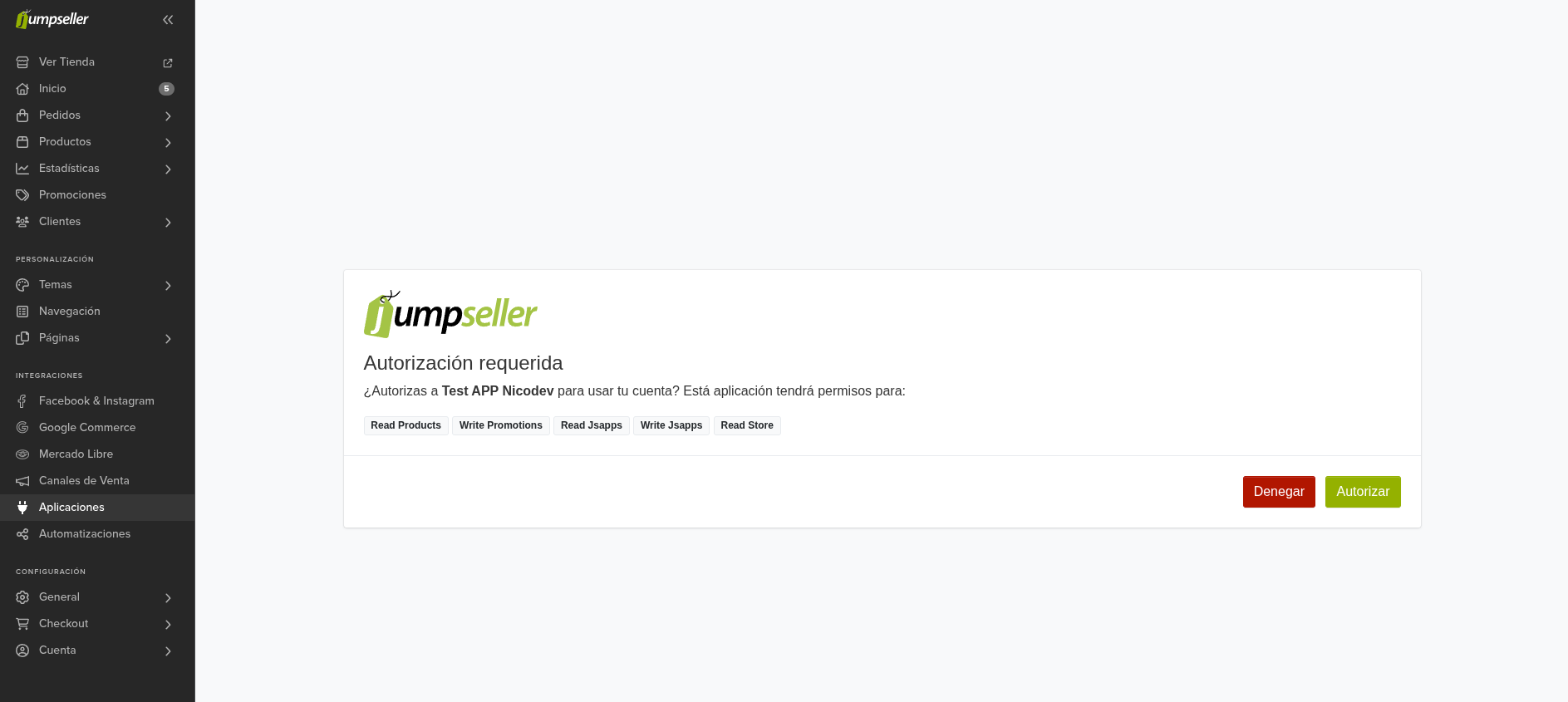 Flujo de autorización donde el comerciante concede permisos a la app.