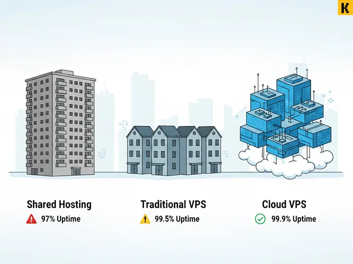 Візуальне порівняння типів хостингу: shared hosting як багатоповерхівка, VPS як таунхаус, cloud VPS як модульна хмарна архітектура