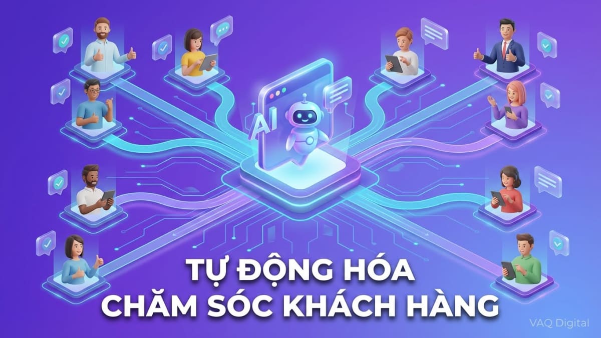 Tự Động Hóa Chăm Sóc Khách Hàng - AI System Design Illustration mô hình tự động hóa chăm sóc khách hàng với AI chatbot kết nối đa kênh users và devices