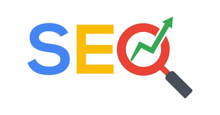 Text saying SEO. The letter "S" is blue, the letter "E" is yellow and the letter "O" is shaped like a magnifying glass and is red with an arrow coming out of it.