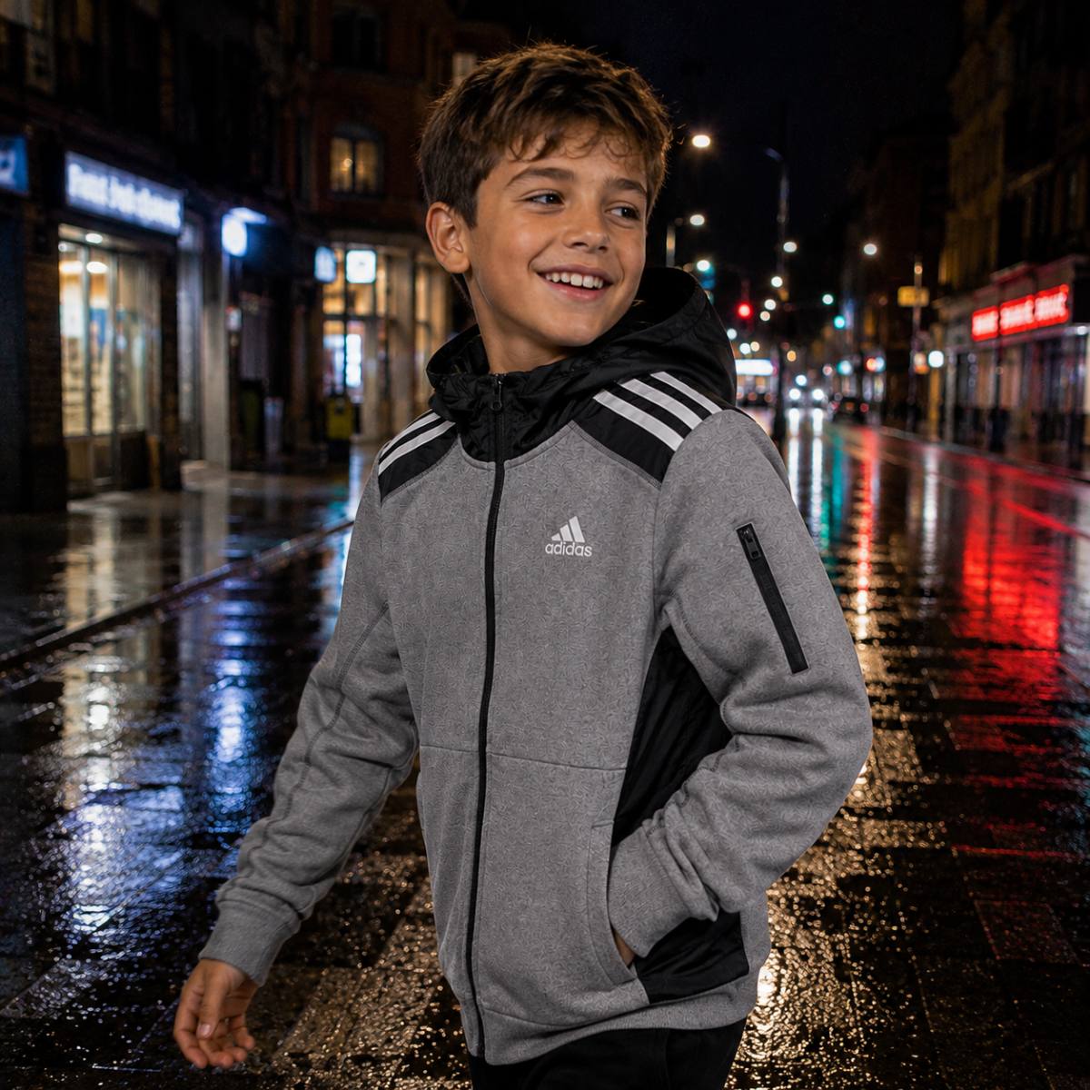 Chaqueta Adidas Gris con Capucha 3 Bandas, vista principal