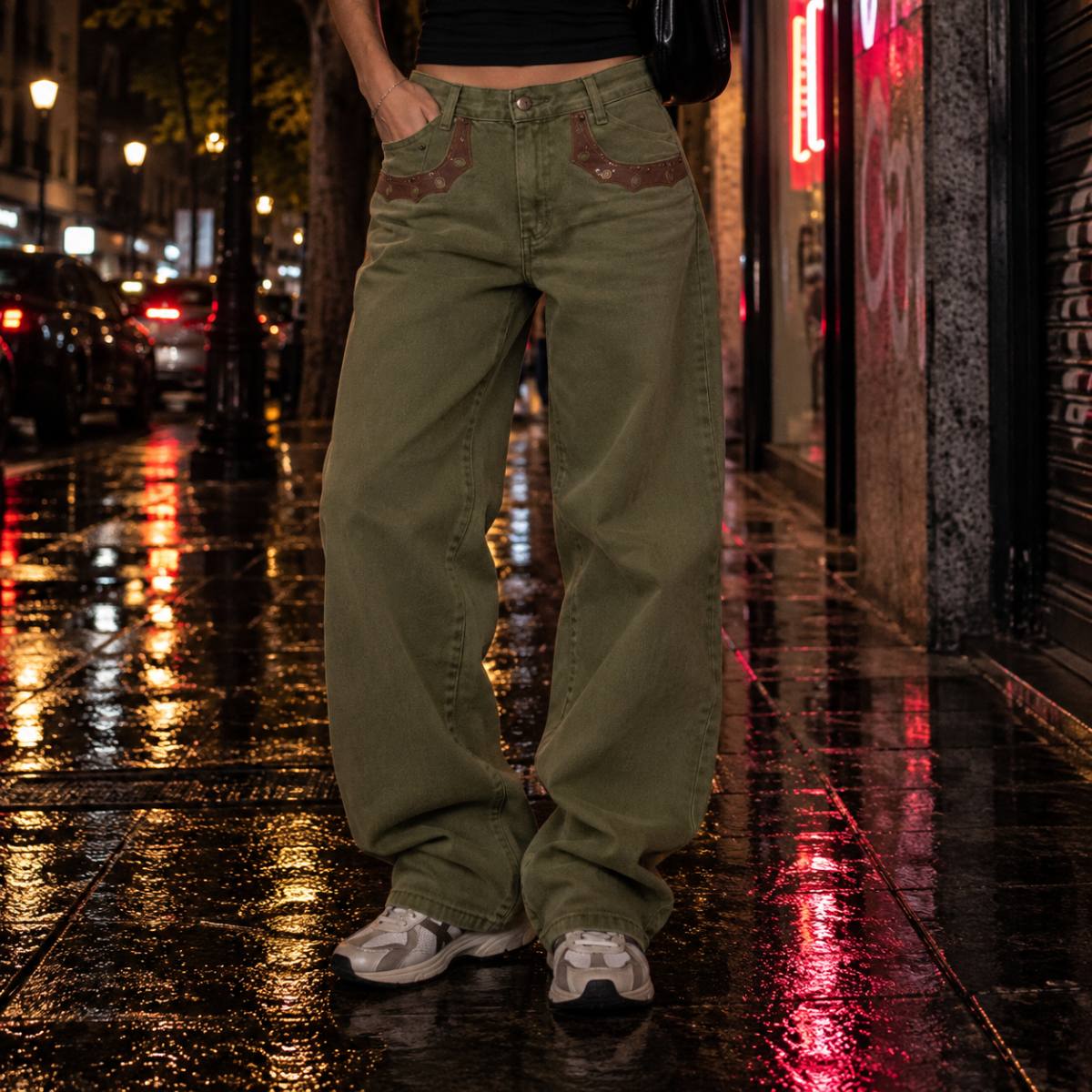 Pantalón vaquero verde caqui ancho, vista principal