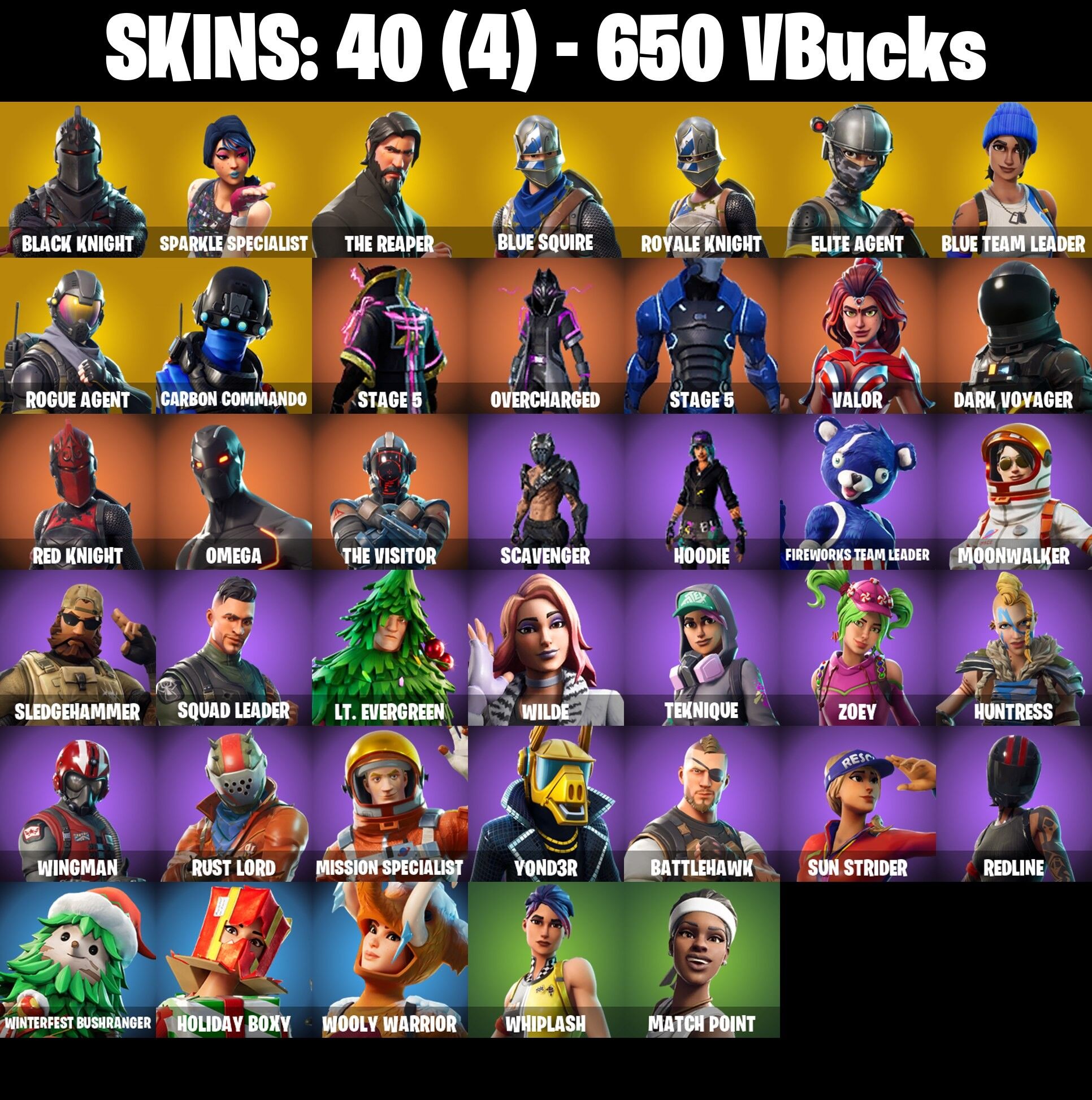 Fortnite Account ( PLAYSTATION / XBOX / PC / NINTENDO ) (BLACK KNIGHT, SPARKLE SPECIALIST, THE REAPER, BLUE SQUIRE, FLOSS) (40 Skins)