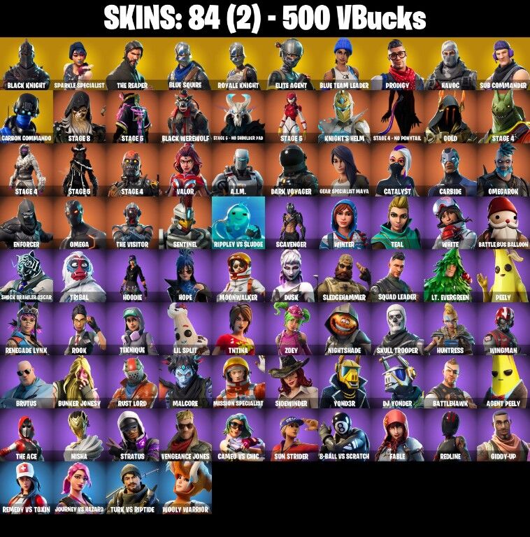 Fortnite Account ( PLAYSTATION / XBOX / PC / NINTENDO ) (BLACK KNIGHT, SPARKLE SPECIALIST, THE REAPER, BLUE SQUIRE, MAKO) (84 Skins)