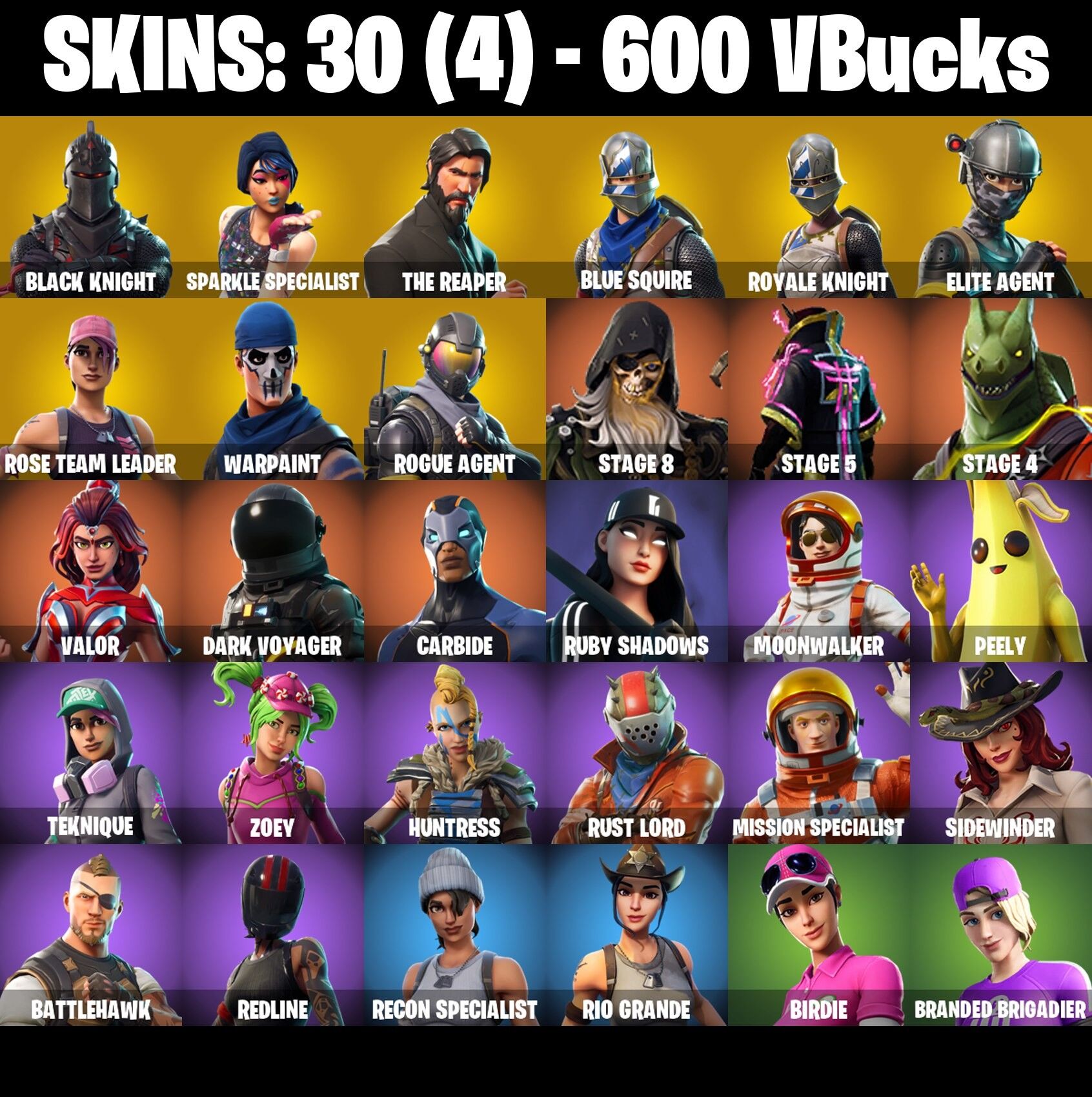 Fortnite Account ( PLAYSTATION / XBOX / PC / NINTENDO ) (BLACK KNIGHT, OG STW, SPARKLE SPECIALIST, THE REAPER, FLOSS) (30 Skins)