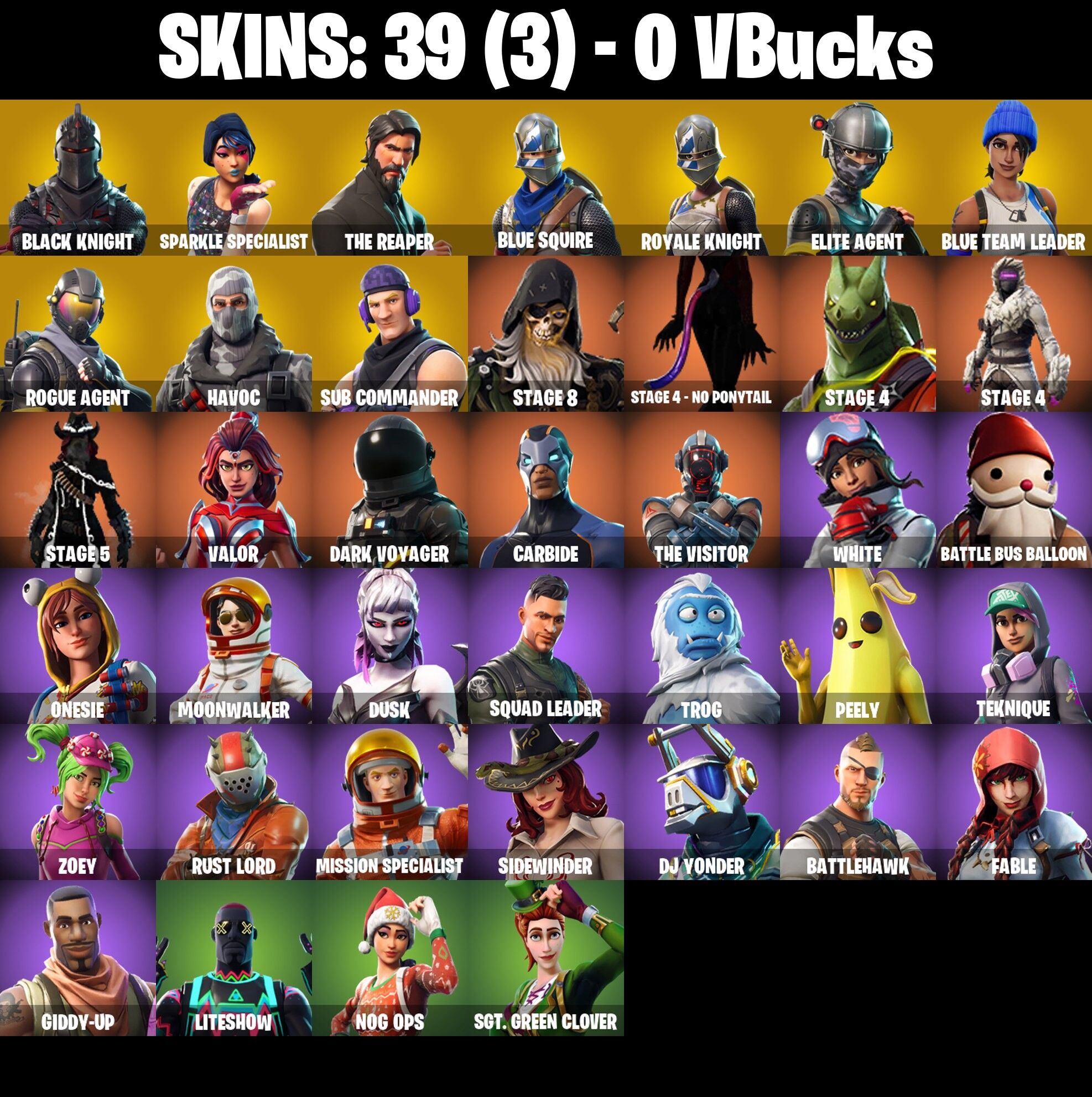 Fortnite Account ( PLAYSTATION / XBOX / PC / NINTENDO ) (BLACK KNIGHT, SPARKLE SPECIALIST, THE REAPER, BLUE SQUIRE, FLOSS) (39 Skins)