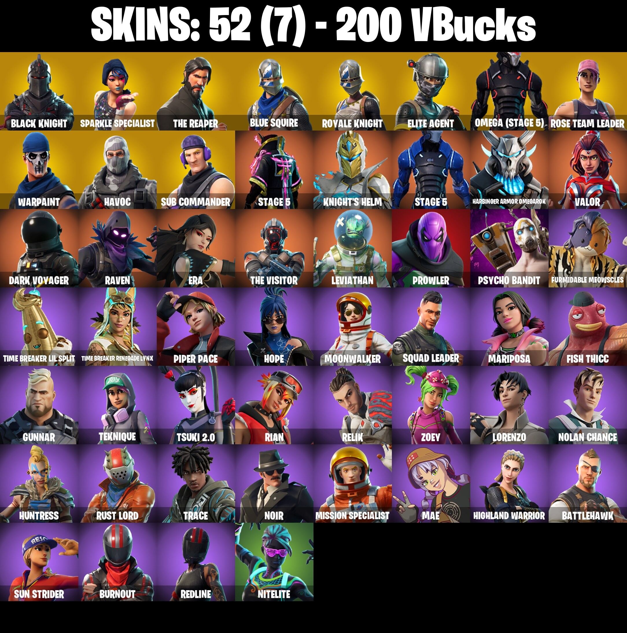 Fortnite Account ( PLAYSTATION / XBOX / PC / NINTENDO ) (BLACK KNIGHT, SPARKLE SPECIALIST, THE REAPER, FLOSS) (52 Skins)