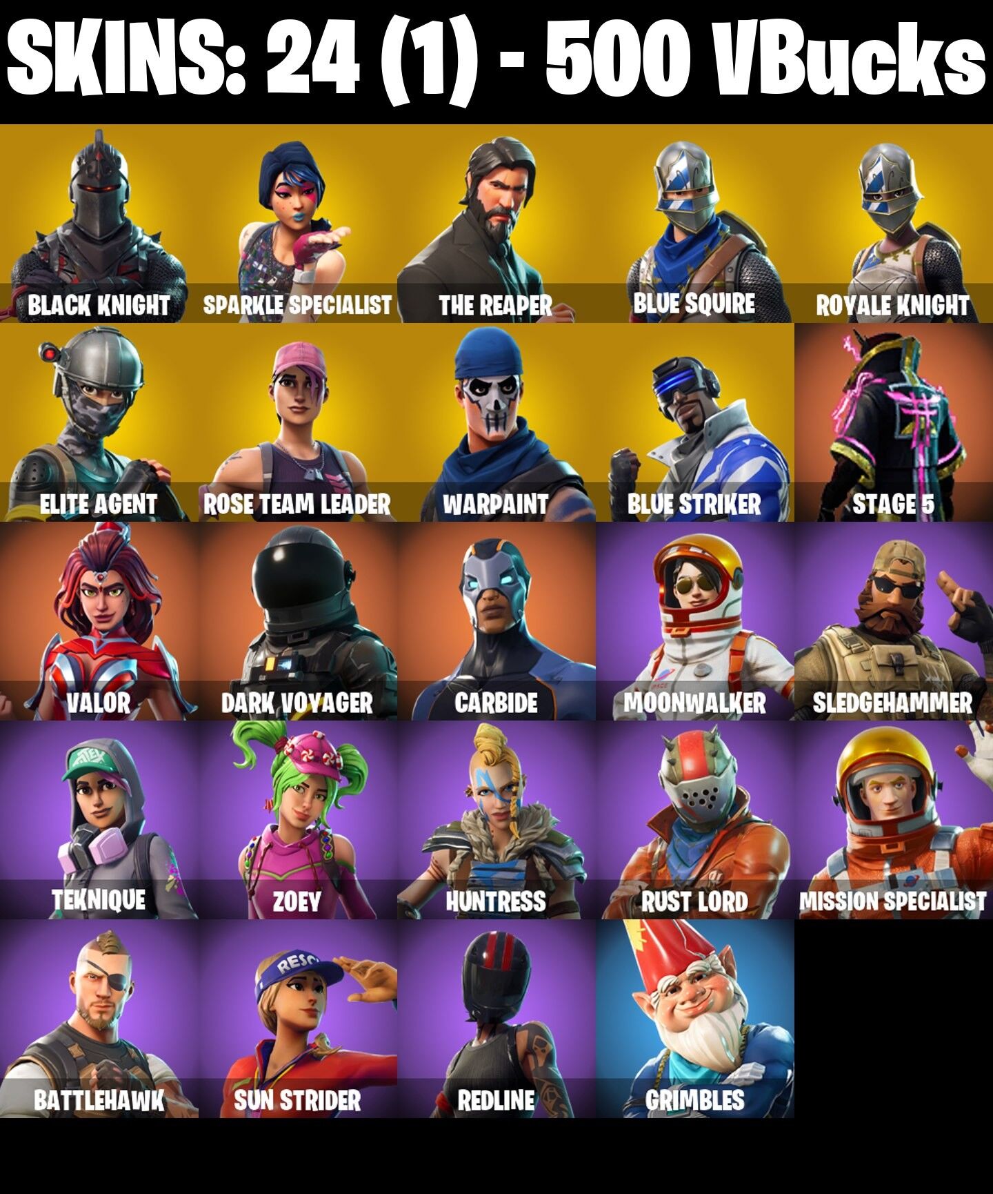 Fortnite Account ( PLAYSTATION / XBOX / PC / NINTENDO ) (BLACK KNIGHT, OG STW, SPARKLE SPECIALIST, THE REAPER, FLOSS) (24 Skins)
