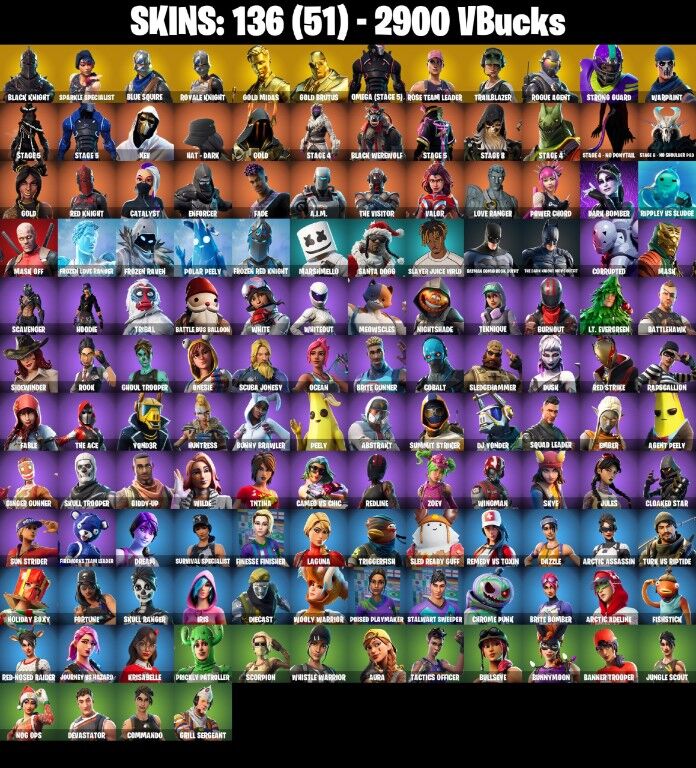 Fortnite Account ( PLAYSTATION / XBOX / PC / NINTENDO ) (BLACK KNIGHT, MERRY MINT AXE, BLUE SQUIRE, ROYALE KNIGHT) (136 Skins)