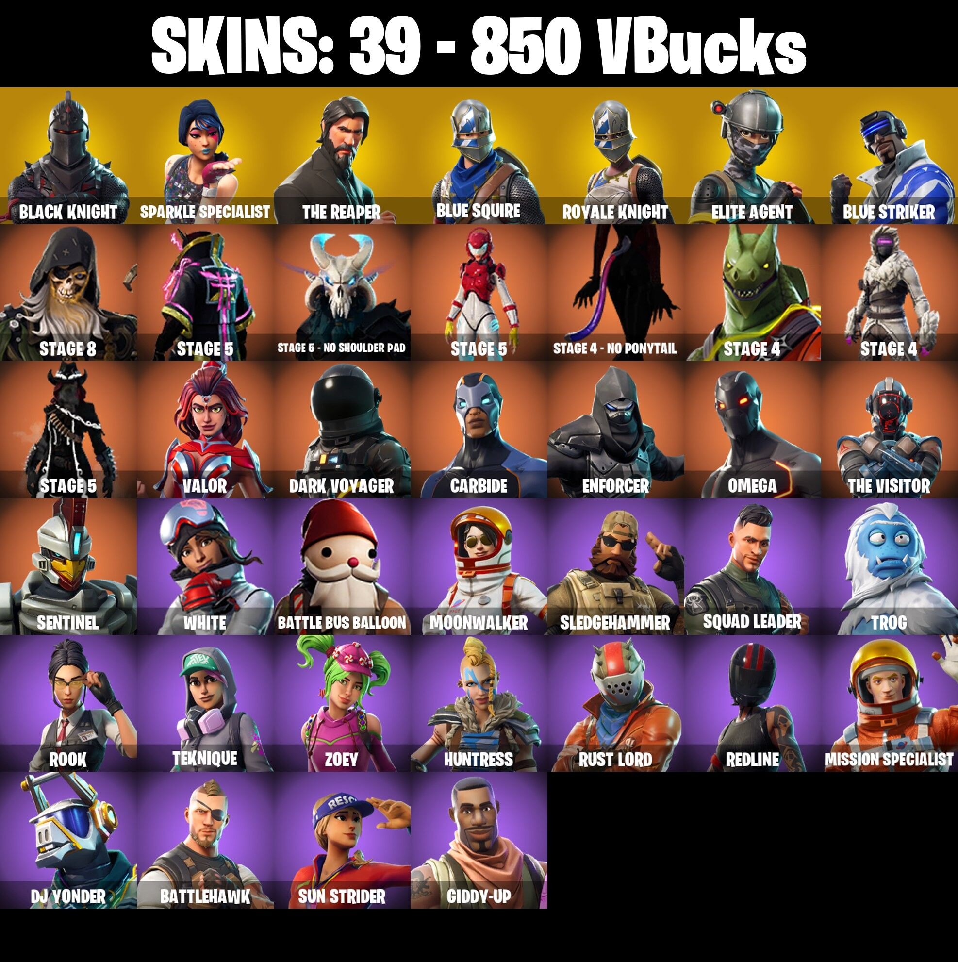 Fortnite Account ( PLAYSTATION / XBOX / PC / NINTENDO ) (BLACK KNIGHT, SPARKLE SPECIALIST, THE REAPER, BLUE SQUIRE) (39 Skins)