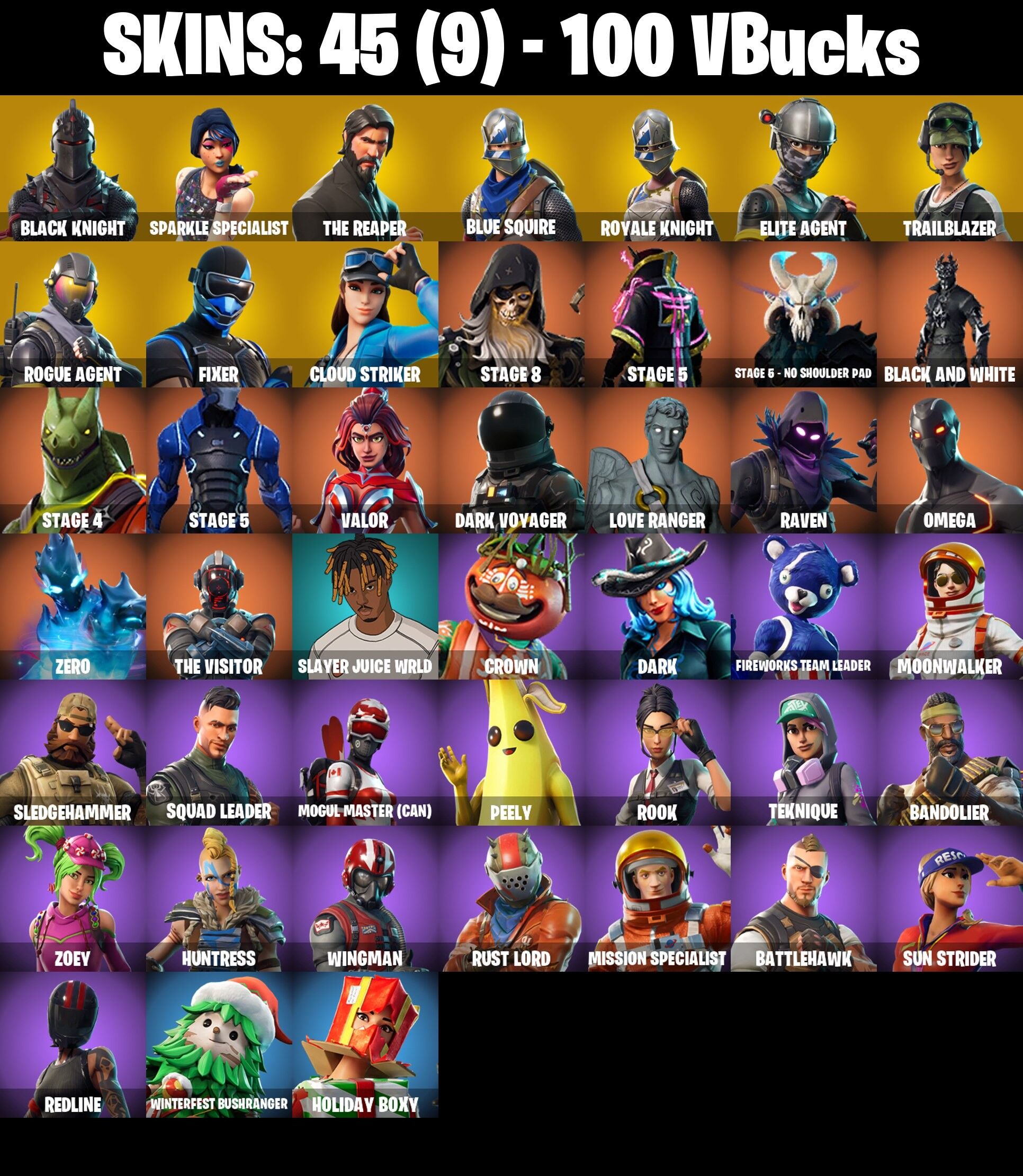Fortnite Account ( PLAYSTATION / XBOX / PC / NINTENDO ) (BLACK KNIGHT, SPARKLE SPECIALIST, THE REAPER, BLUE SQUIRE) (45 Skins)